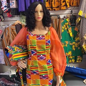 African Kente fabric dress, design with Satin puff sleeves.